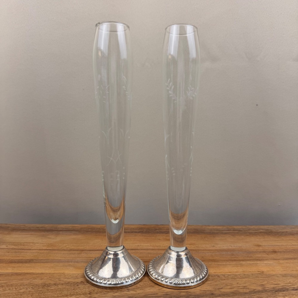 Duchin Creations Sterling Silver Weighted Floral Etched Glass Bud Vases Pair
